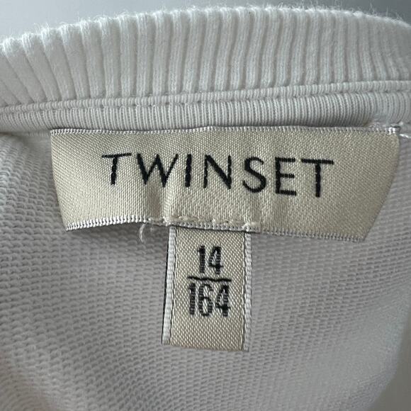 Twinset White Sweatshirt Floral Crew Neck Ruffle Drop Shoulder Pullover Size 14 - Picture 8 of 9